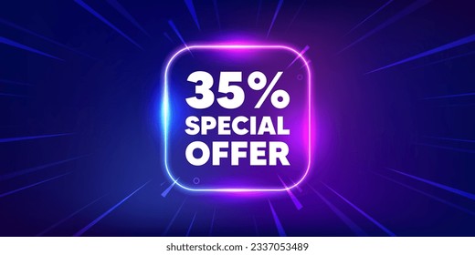 35 percent discount offer tag. Neon light frame box banner. Sale price promo sign. Special offer symbol. Discount neon light frame message. Vector