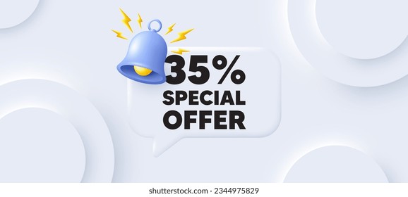 35 percent discount offer tag. Neumorphic background with chat speech bubble. Sale price promo sign. Special offer symbol. Discount speech message. Banner with bell. Vector
