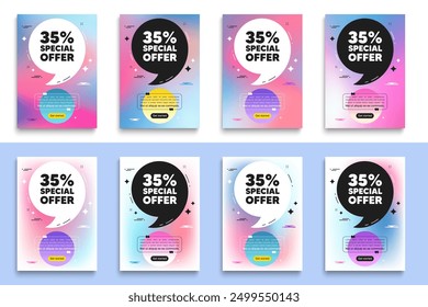 35 percent discount offer tag. Poster frame with quote. Sale price promo sign. Special offer symbol. Discount flyer message with comma. Gradient blur background posters. Vector