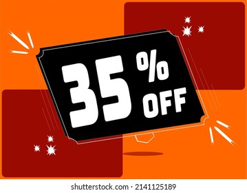 -35 percent discount. 35% discount. Up to 35%. Orange and red banner with floating balloon for promotions and offers.  Vector. Discount and offer board.