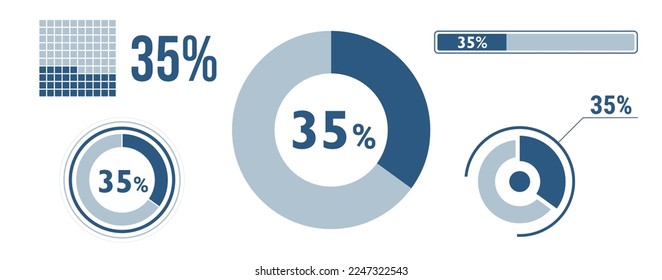 35 percent loading data icon set. Thirty-five circle diagram, pie donut chart, progress bar. 35% percentage infographic. Vector concept collection, blue color.