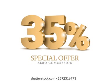 35 percent number. Ten number in gold 3d. Poster template for discount forty percent, sale discount, work progress. Vector illustration