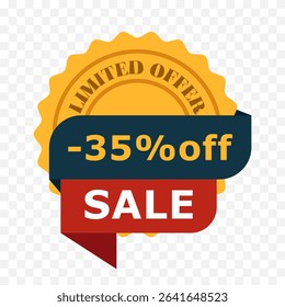 35 percent off badge with sale ribbon. Limited offer label in flat style with yellow stamp and red banner. Vector illustration for discount promotion and e-commerce marketing, transparent background