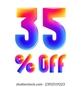 35% percent OFF cartoon vivid lettering. Realistic 3D Special Price design. Holiday Sale vector banner. Gradient emblem for Discount coupon, Buy Now promo, multicolored emblems, vibrant futuristic ad.