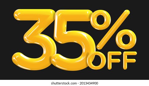 35 percent Off. Discount creative composition of golden or yellow balloons. 3d mega sale or thirty five percent bonus symbol on black background. Sale banner and poster. Vector illustration.