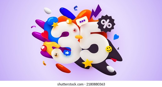 35% de descuento. Descubre la composición creativa. 3d símbolo de venta con objetos decorativos. Cartel y afiche de venta. Ilustración vectorial.