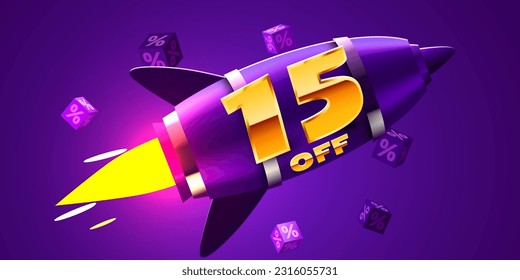 35 percent Off. Discount creative composition with rocket. Mega Sale. Vector illustration.