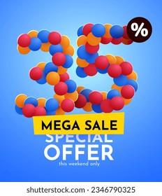 35% de descuento. Descubre la composición creativa. Mega venta. Ilustración vectorial.