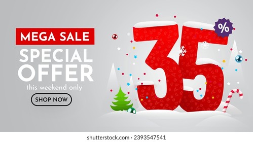 35% de descuento. Descubre la composición creativa. Feliz Navidad y Feliz Año Nuevo. Cartel y afiche de venta. Ilustración vectorial.