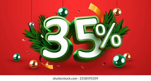 35 percent Off. Discount creative composition. Merry Christmas and Happy New Year. Sale banner and poster. Vector illustration.