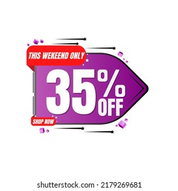 35% percent off discount, special offer, design template with purple light banner, discount label(shop now), app icon. vector illustration, 