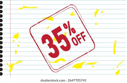 35% de desconto. Desconto para suas vendas. Plano de fundo composto da imagem de uma folha de bloco de anotações em branco com manchas de tinta amarela e porcentagem vermelha representada como um selo..eps