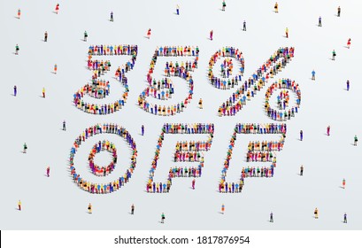 35 por ciento de descuento. Se forma un gran grupo de personas para crear una forma 35% de descuento. Diseño de venta de ofertas especiales. Ilustración vectorial del cartel publicitario.