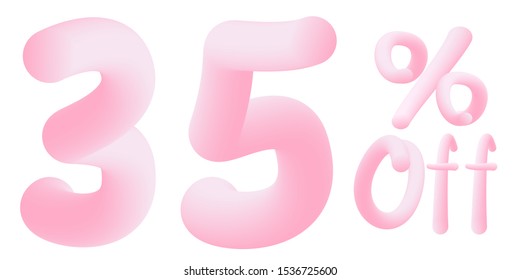 35 percent off Numbers made of chewing gum. Bubble Gum sign . Isolated on white background. Vector 3d font . Design template for big sale / special offer / advertising