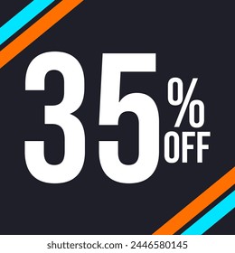 35 percent off in white, with dark background and diagonal strips in orange and blue