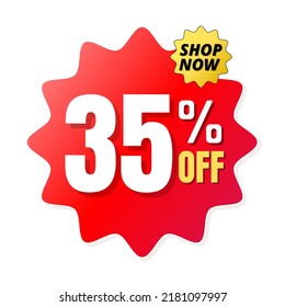 35% percent off(offer), shop now, red and yellow 3D super discount sticker, sale. vector illustration, 
