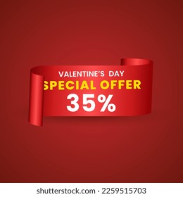 35 por ciento rojo elegante plantilla de banner de venta para el Día de San Valentín con una cinta roja realista de desplazamiento, una flecha y brillantes corazones rojos. Fondo rojo del vector