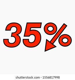 The 35 percent reduction icon is red. Price drop. Interest rate reduction. Sell-out. Stock symbol. Discount. Markdown of goods. Bonus discount. Vector icon.