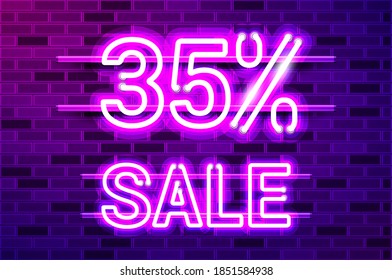 35 percent SALE glowing neon lamp sign. Realistic vector illustration. Purple brick wall, violet glow, metal holders.