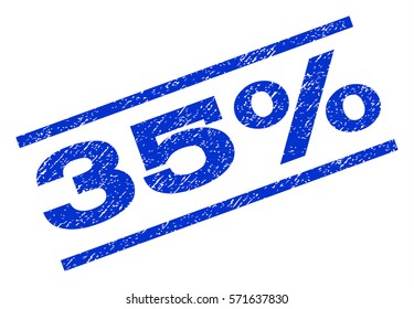 35 Percent watermark stamp. Text caption between parallel lines with grunge design style. Rotated rubber seal stamp with dirty texture. Vector blue ink imprint on a white background.