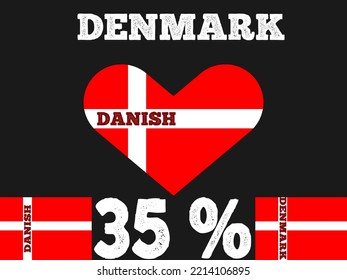 35% percentage Denmark sign label vector art illustration with flag color. White, red color and black background. Banner template design for social media and website with heart shape.