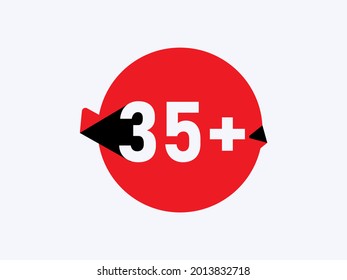 35 plus Age limit icons, 35+ restriction flat sign isolated on white background