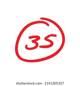 35 points test score, red color illustration isolated on white background