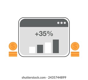 35% profit earned. Capital profit online, virtual screen with financial gains. Profitable bar chart, capital gain