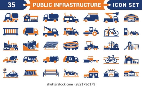 35 Public Infrastructure Flat Icons Set – Urban Transport, Construction, Municipal Services and Utility Vector Collection