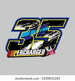 35. racing number black color, sport racing number with blue, light blue and white abstract style vector illustration .isolated gray background suitable for sticker,decal