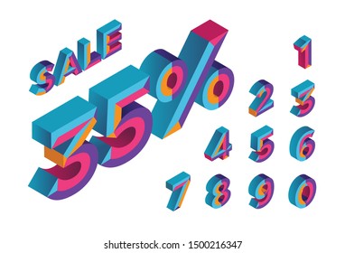 35% sale. 0, 1, 2, 3, 4, 5, 6, 7, 8, 9 isometric 3D numeral alphabet. Percent off, sale background. Colorfull polygonal triangle Letter. Eps10. Vector Isolated Number.
