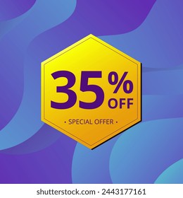 35% Sale and Discount Label. Thirty five percent Sale Discount label Geometric design. Abstract Blue and Yellow Hexagon. Vector illustration.