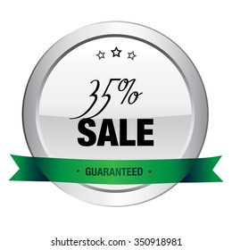 35% Sale seal or icon. Silver seal or button with stars and green banner.