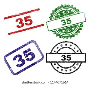 35 seal prints with corroded surface. Black, green,red,blue vector rubber prints of 35 label with corroded texture. Rubber seals with round, rectangle, medal shapes.
