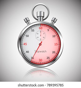 35 seconds. Silver realistic stopwatch with reflection. Vector.