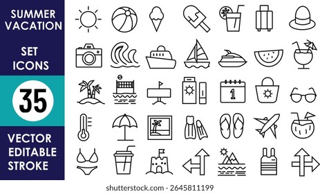 35 summer vacation icons: sun, beach ball, ice cream, snorkel, suitcase, hat, camera, sailboat, cocktail, bikini, sunglasses, umbrella, sandals, palm tree