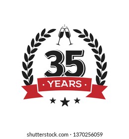 35 th birthday vintage logo template. Thirty five years anniversary retro isolated vector emblem with red ribbon and laurel wreath on white background.