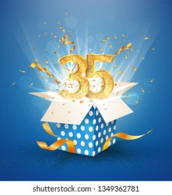 35 th years anniversary and open gift box with explosions confetti. Isolated design element. Template thirty five birthday celebration on blue background vector Illustration
