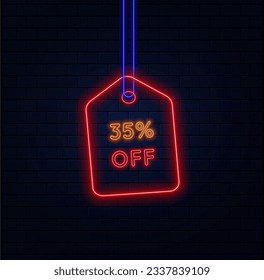 35%. thirty-five percent off. vivid neon colors. label template design. neon style. special offer flash sales promotion. bricks background. blue, orange and red. vector illustration.