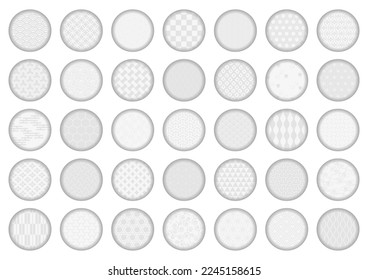 35 patrones japoneses tradicionales. Conjunto de iconos circulares plateados. Ilustración vectorial. Patrón geométrico de fondo oriental. 