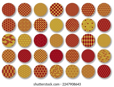 35 patrones japoneses tradicionales. Conjunto de iconos circulares dorados y rojos. Ilustración vectorial. Patrón geométrico de fondo oriental. 