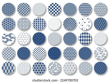35 traditional Japanese patterns. Set of blue circular icons. Vector illustration. Geometric oriental background pattern. 