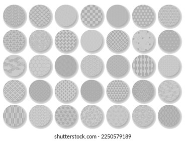 35 traditional Japanese patterns. Set of silver circular icons. Vector illustration. Geometric oriental background pattern. 