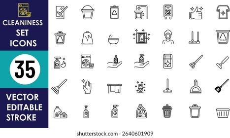 35 vector cleanliness icons including mop, bucket, detergent, washing machine, soap, hand sanitizer, plunger, trash bin, gloves, towel, shower, sponge, and handwashing