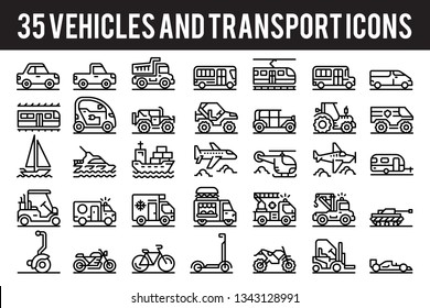 35 Vehicle and transport outline icons sign and symbols. Pixel perfect icon base on 64px