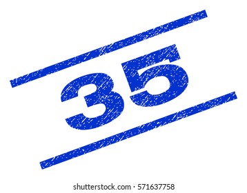 35 watermark stamp. Text caption between parallel lines with grunge design style. Rotated rubber seal stamp with dirty texture. Vector blue ink imprint on a white background.