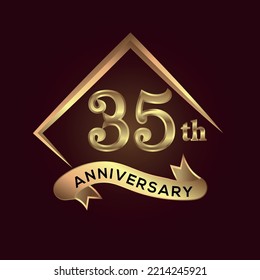 35 year anniversary celebration. Anniversary logo with square and elegance golden colour isolated on red background, vector design for celebration, invitation card, and greeting card