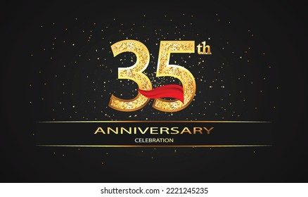 Celebración del 35 Aniversario del Diseño Vector con cinta roja y brillo. Celebración del 35° Aniversario. Banner Gold Luxury del 35º aniversario. tarjeta de celebración