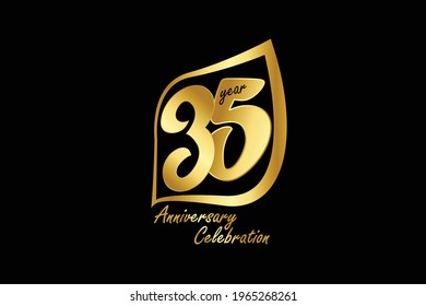 35 year anniversary gold color minimalist logo with golden leaf line jubilee, greeting card. Birthday invitation sign. Gold space vector illustration on Black background - Vector