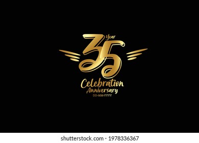 35 year anniversary gold colors on black background  with triple small stripes on left and right- vector 
